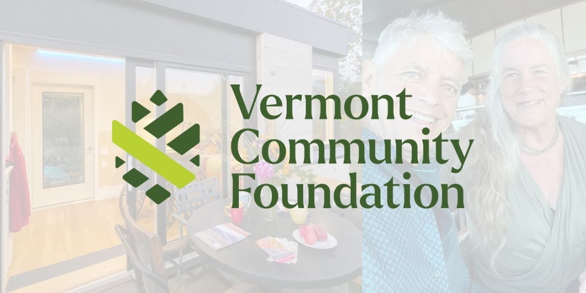 Vermont Community Foundation logo centered. Logo placed over images of a SuitePAD and of Joseph and Julie in the background, with a white overlay on the images.