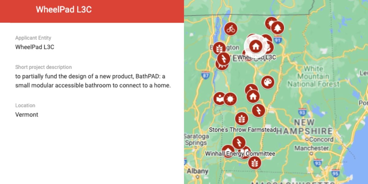 Map of Vermont Highlighting the location of businesses that have been awarded the VCRD Grant