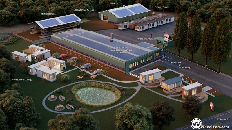 A graphic rendering of the WheelPad manufacturing facility and local labor program building being built in Wilmington Vermont. 